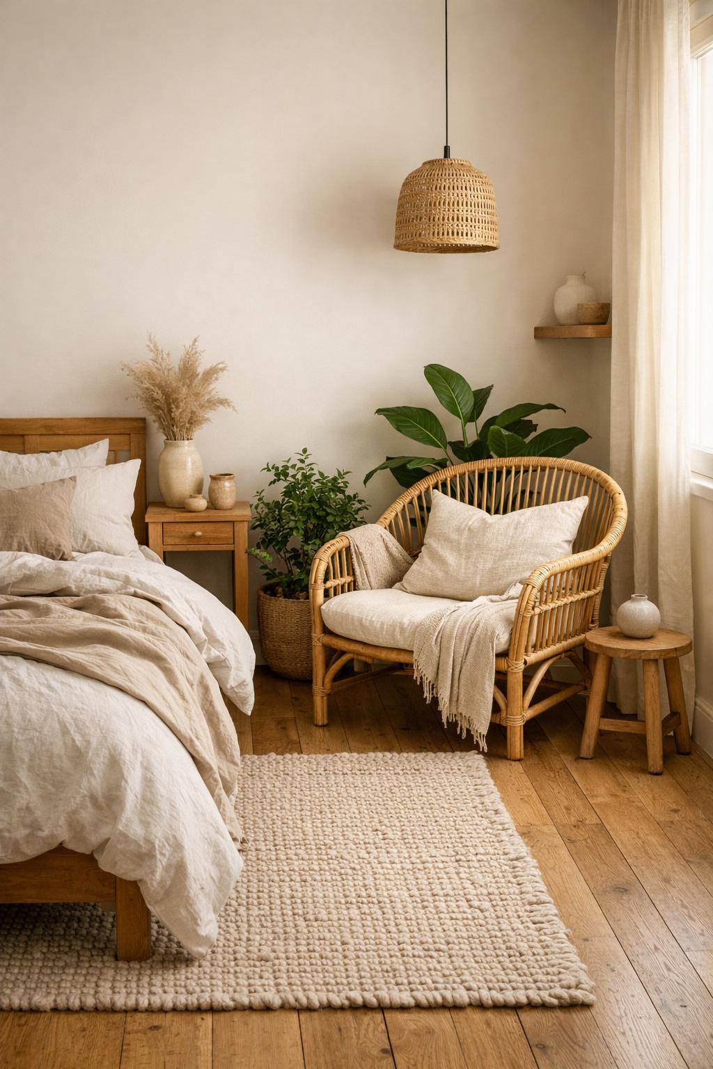 Schlafzimmer mit Naturmaterialien- Verschenke Platz für einen Sessel aus Rattan