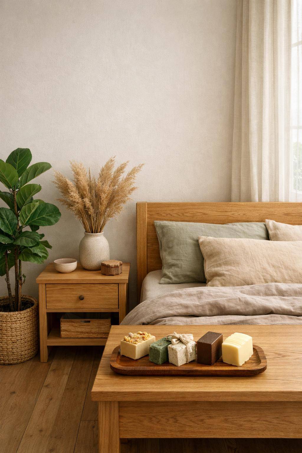 Schlafzimmer mit Naturmaterialien- Verwende Naturseifen als dekoratives Element