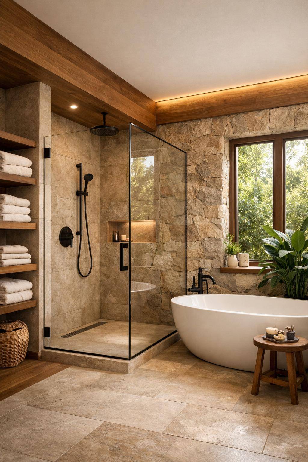 Tolle Ideen: Wellness-Badezimmer gestalten- Wähle natürliche Materialien wie Holz und Stein