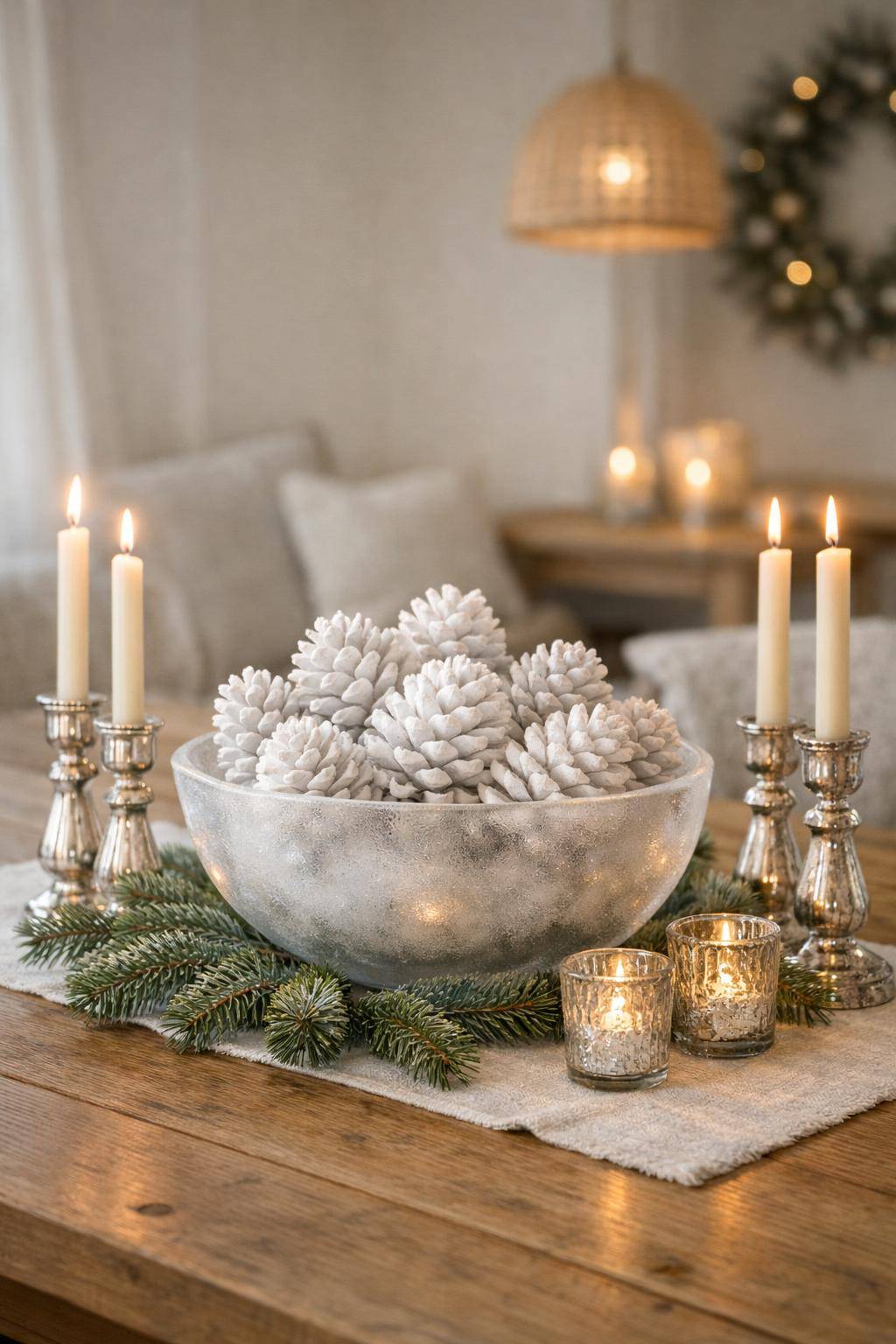 Winterdeko-Ideen-Stelle weiße Tannenzapfen als Tischdeko aus