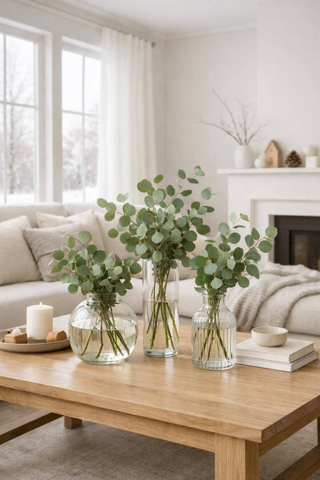 Winterdeko-Ideen- Arrangiere Eukalyptuszweige in Glasvasen