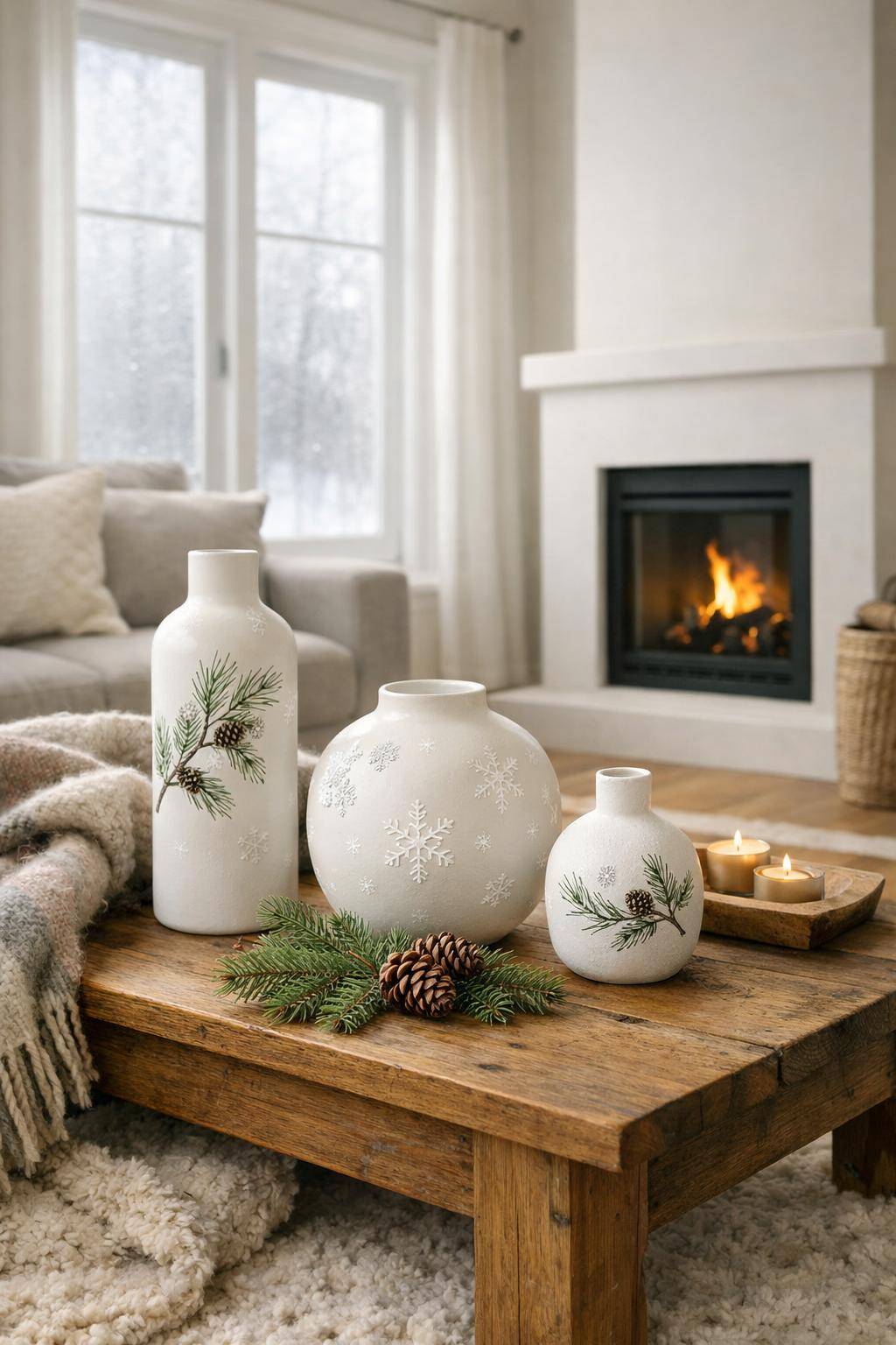 Winterdeko-Ideen- Bemale einfache Vasen mit Wintermotiven