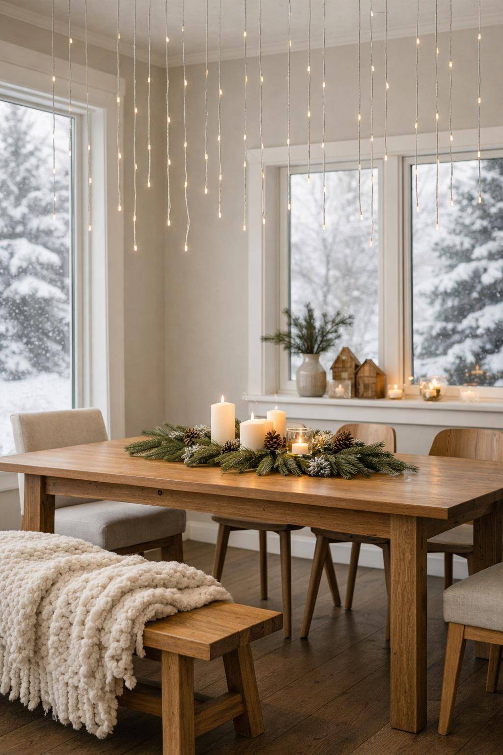 Winterdeko-Ideen- Hänge Lichterketten im Essbereich auf