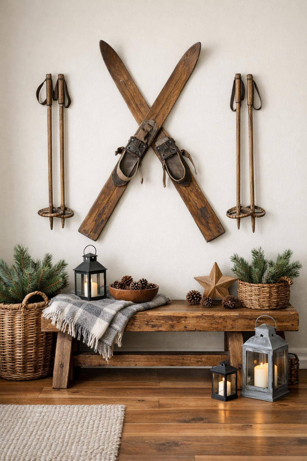 Winterdeko-Ideen- Integriere Vintage-Skier in die Flurdeko