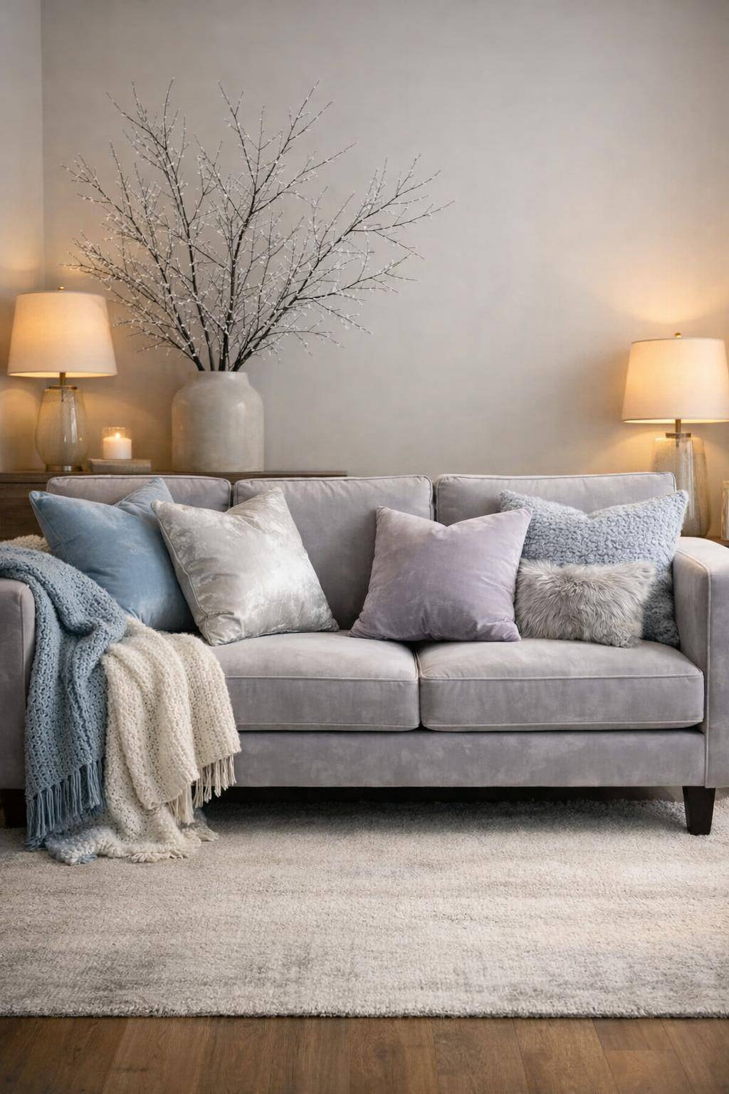 Winterdeko-Ideen- Kombiniere Samtkissen in Frostfarben