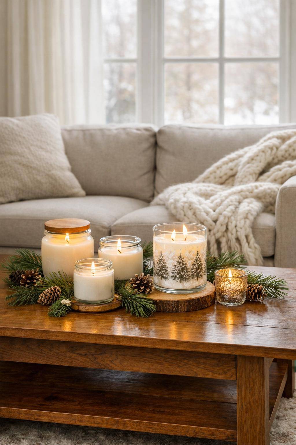 Winterdeko-Ideen- Platziere winterliche Duftkerzen auf dem Couchtisch