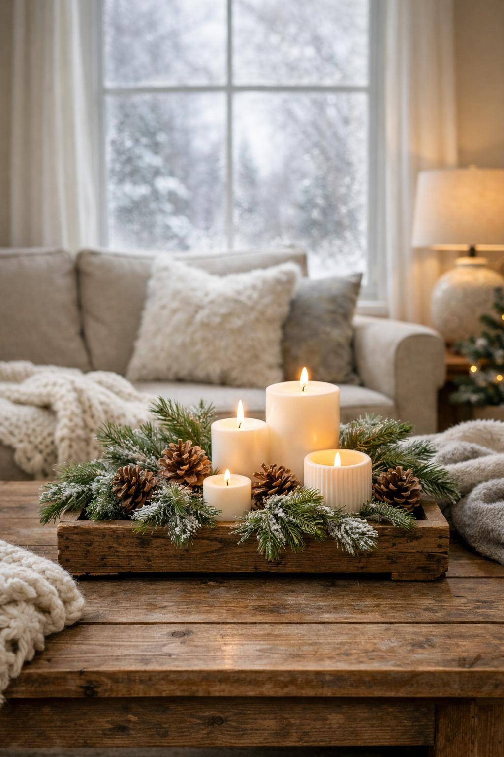 Winterdeko-Ideen- Verwende Holztabletts mit Tannengrün als Hingucker
