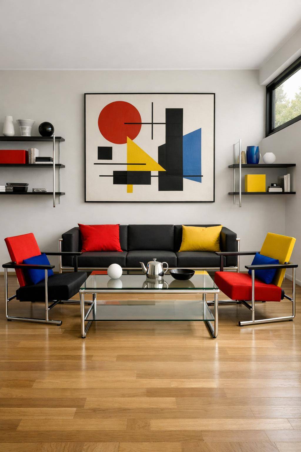 Wohnzimmer im Bauhaus-Stil einrichten-Wähle geometrische Formen für Möbelstücke