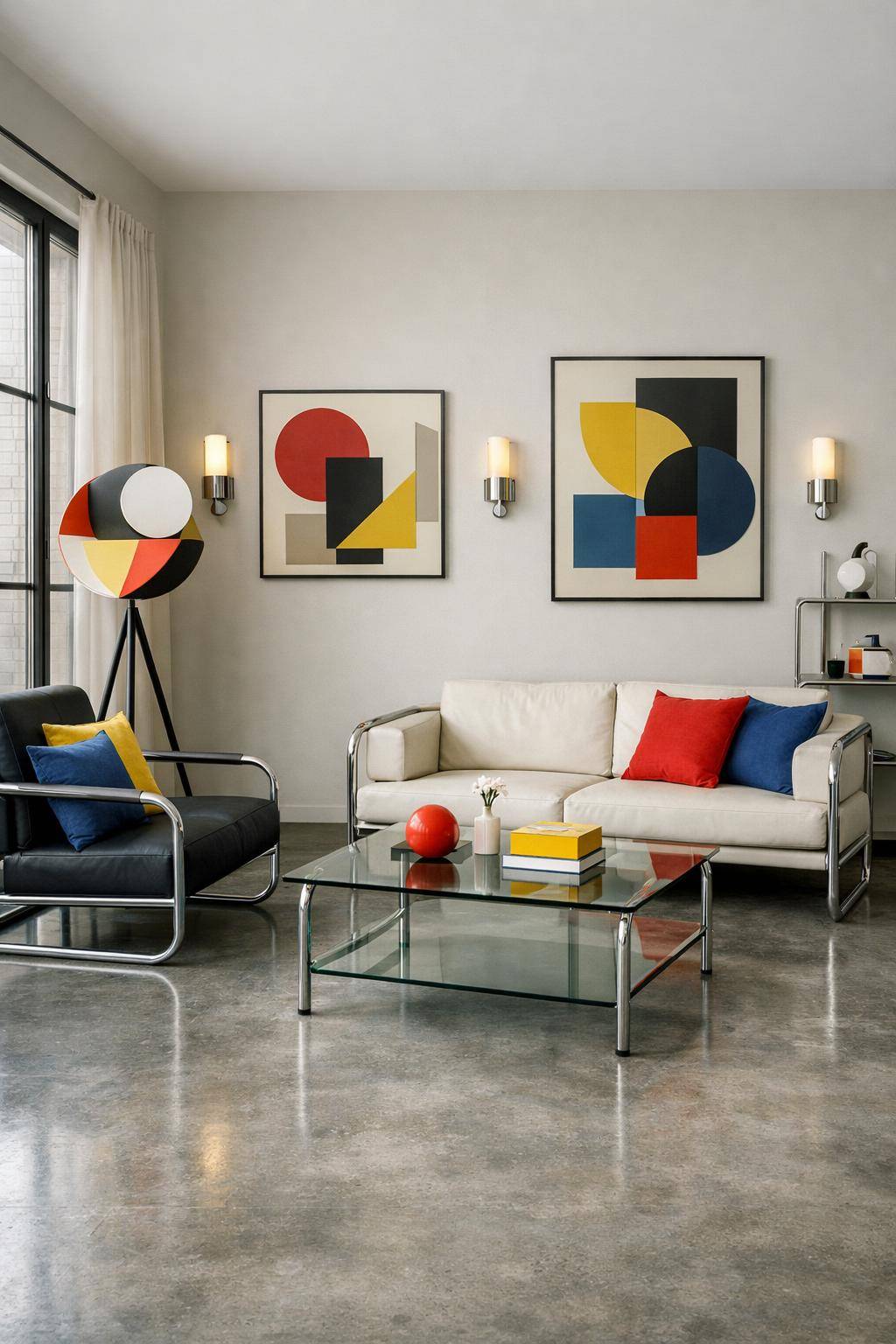 Wohnzimmer im Bauhaus-Stil einrichten- Ergänze funktionale Leuchten aus Metall