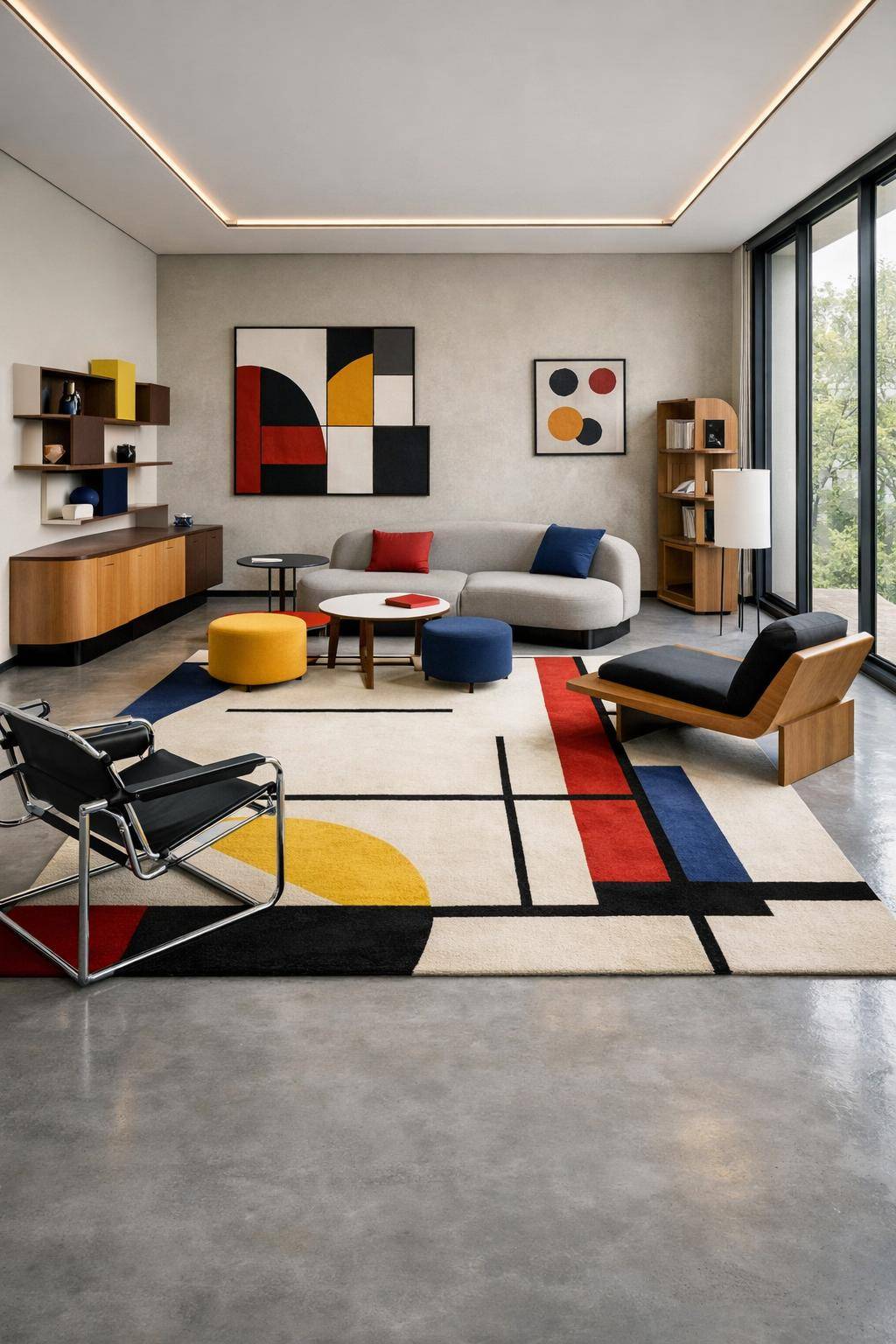 Wohnzimmer im Bauhaus-Stil einrichten- Experimentiere mit asymmetrischen Anordnungen
