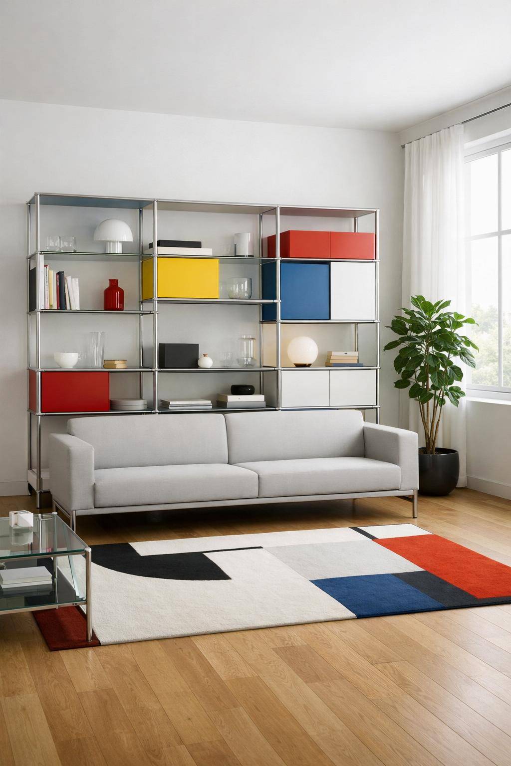 Wohnzimmer im Bauhaus-Stil einrichten- Integriere multifunktionale Regalsysteme offen