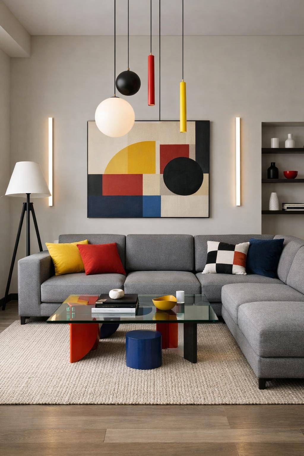 Wohnzimmer im Bauhaus-Stil einrichten- Kombiniere Lichtquellen unterschiedlichster Höhe