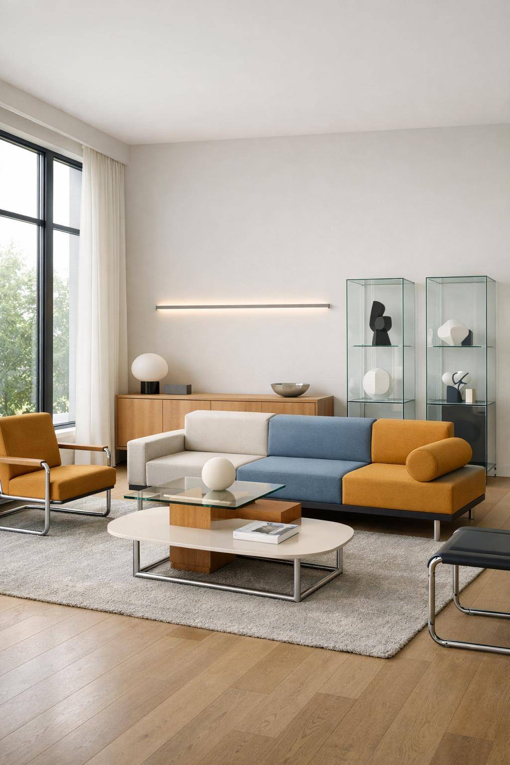 Wohnzimmer im Bauhaus-Stil einrichten- Präsentiere Kunstobjekte in klaren Vitrinen