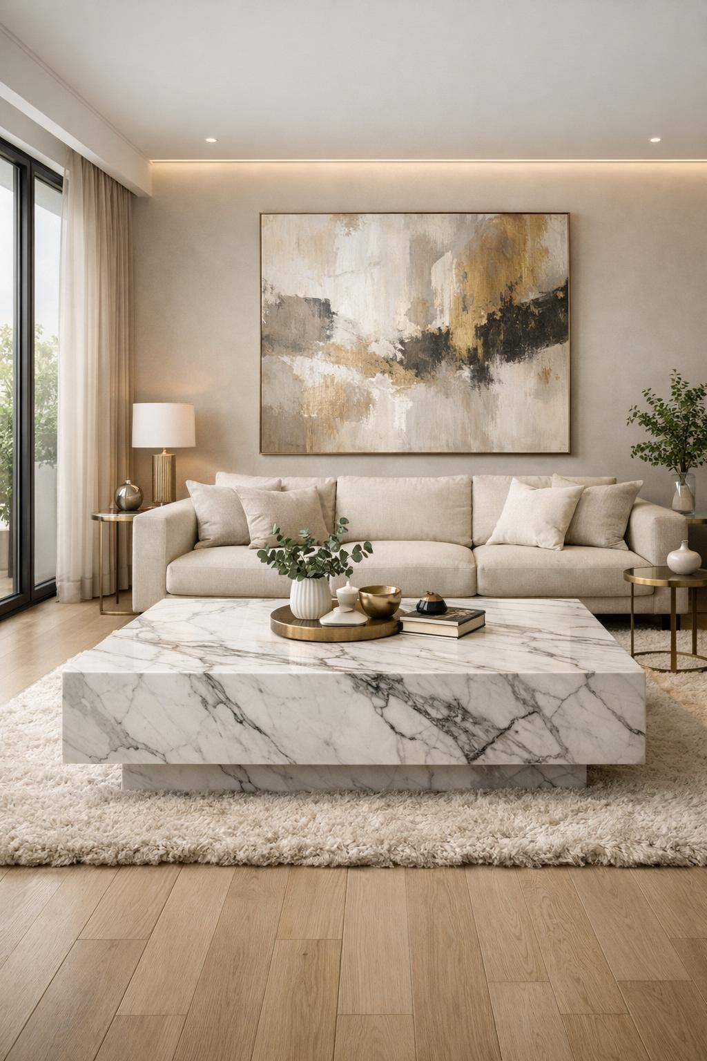 Wohnzimmer mit Marmor einrichten-Wähle eine Marmorplatte als Couchtisch