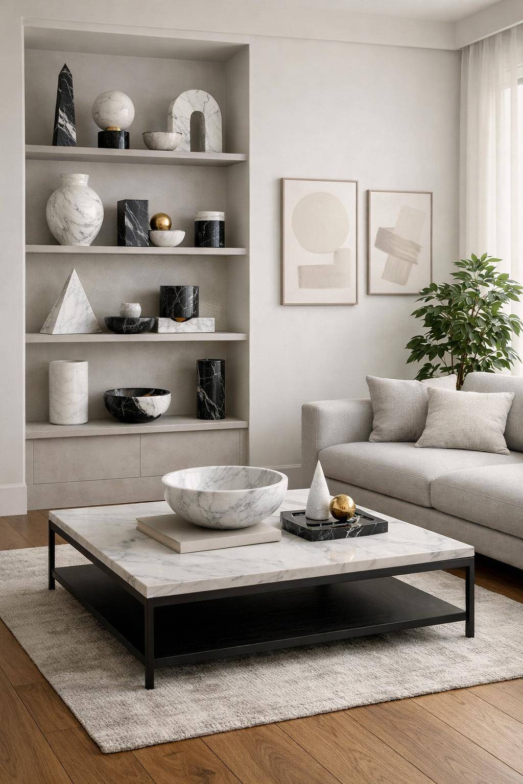 Wohnzimmer mit Marmor einrichten- Arrangiere Marmor-Deko auf Regalen