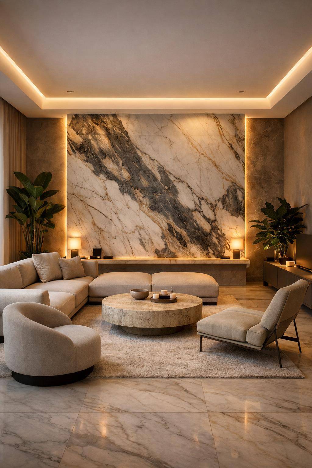 Wohnzimmer mit Marmor einrichten- Beleuchte Marmorflächen stimmungsvoll