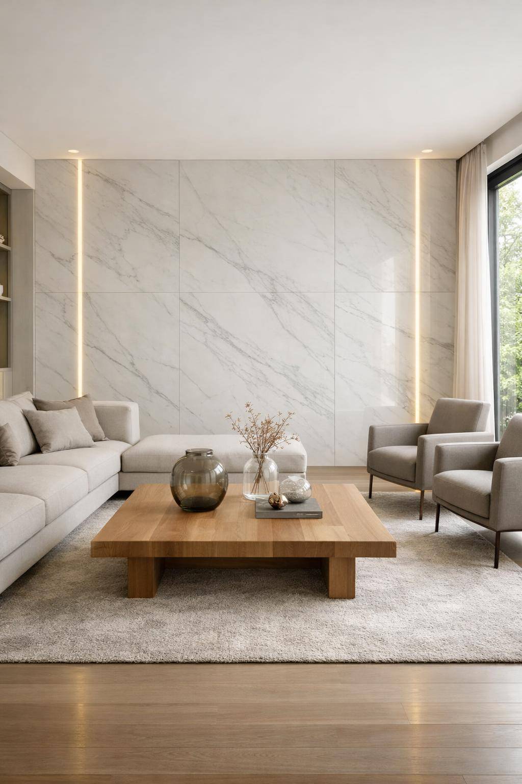 Wohnzimmer mit Marmor einrichten- Integriere Marmor in Wandpaneele