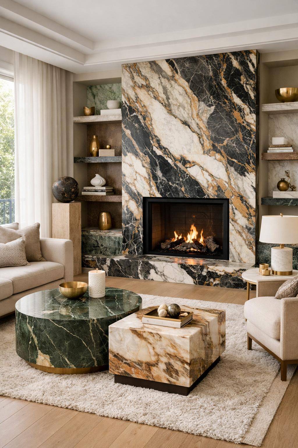 Wohnzimmer mit Marmor einrichten- Mixe verschiedene Marmorsorten gezielt