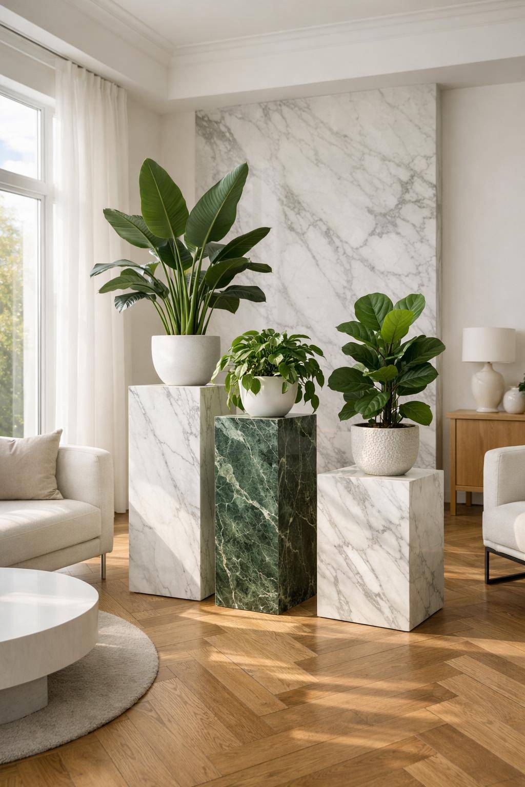 Wohnzimmer mit Marmor einrichten- Präsentiere Pflanzen auf Marmorsockeln