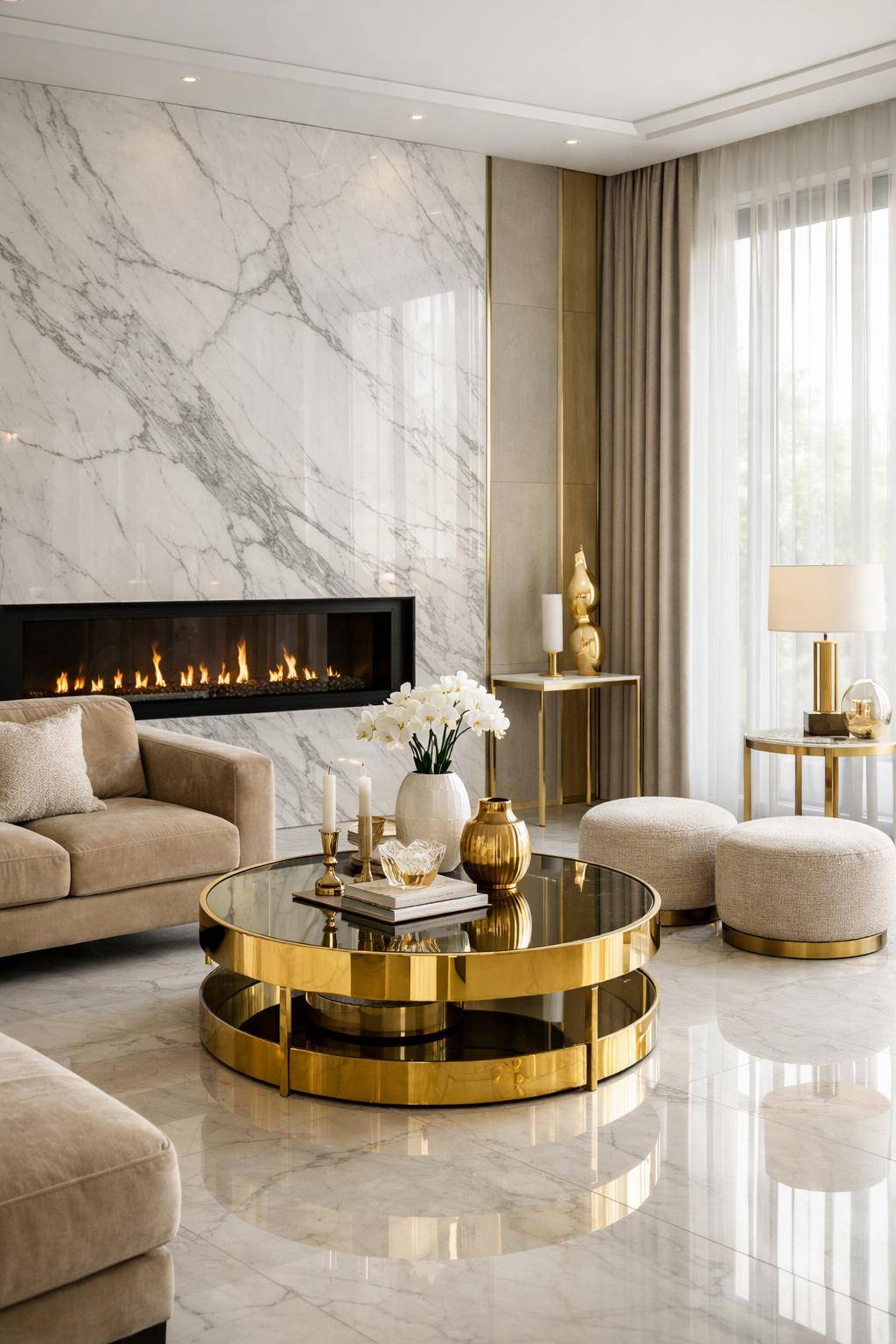 Wohnzimmer mit Marmor einrichten- Unterstreiche Marmor mit goldenen Akzenten