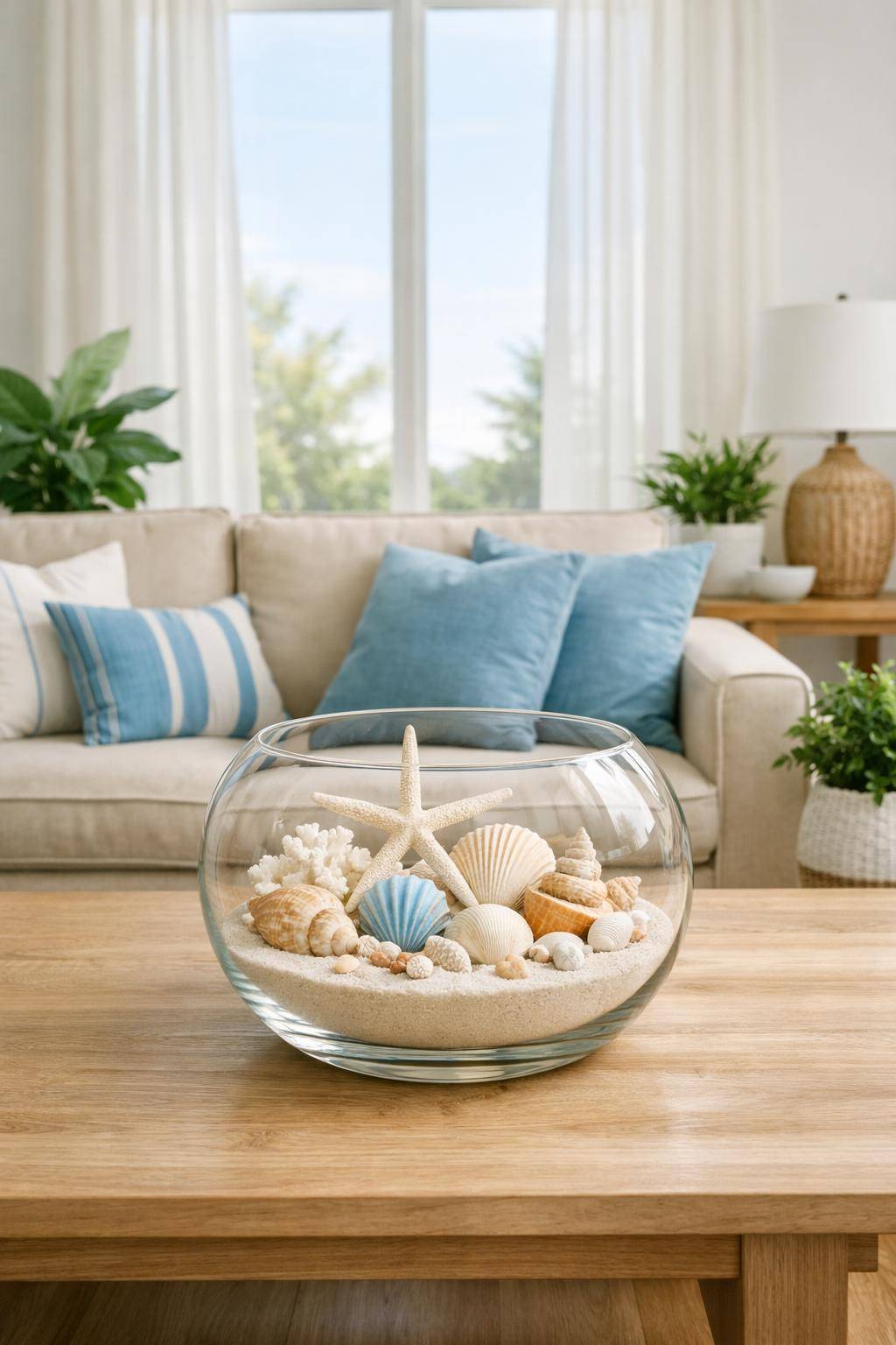Wohnzimmer sommerlich dekorieren- Arrangiere Muscheln und Sand in Deko-Schalen