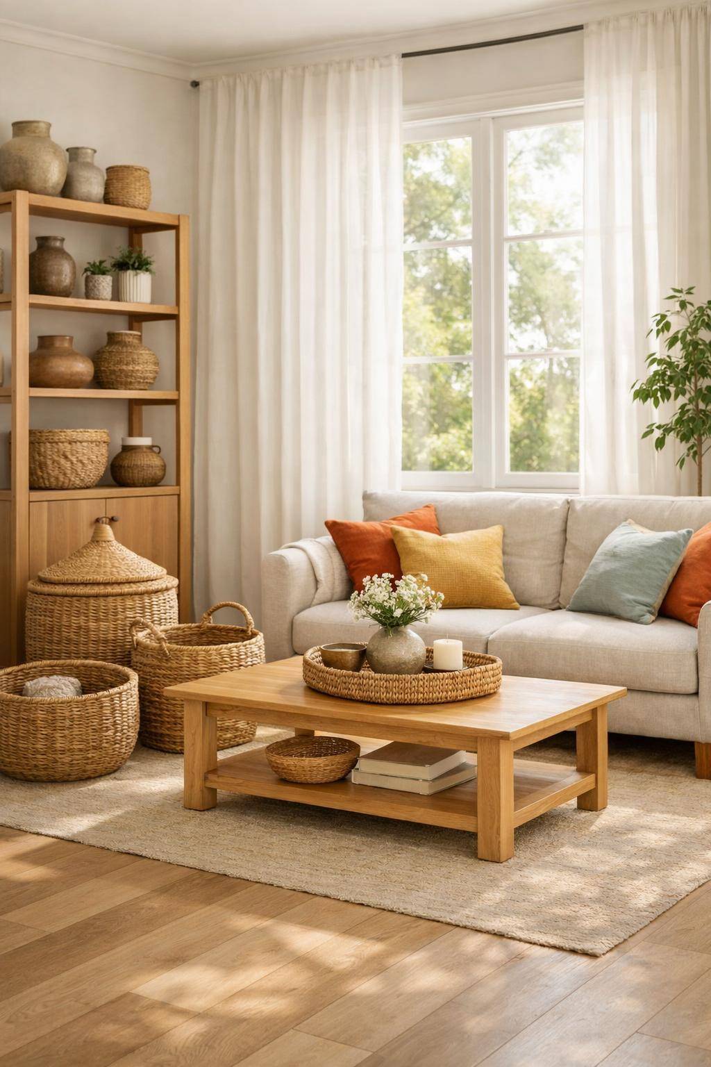 Wohnzimmer sommerlich dekorieren- Dekoriere mit handgeflochtenen Körben für Extra-Flair