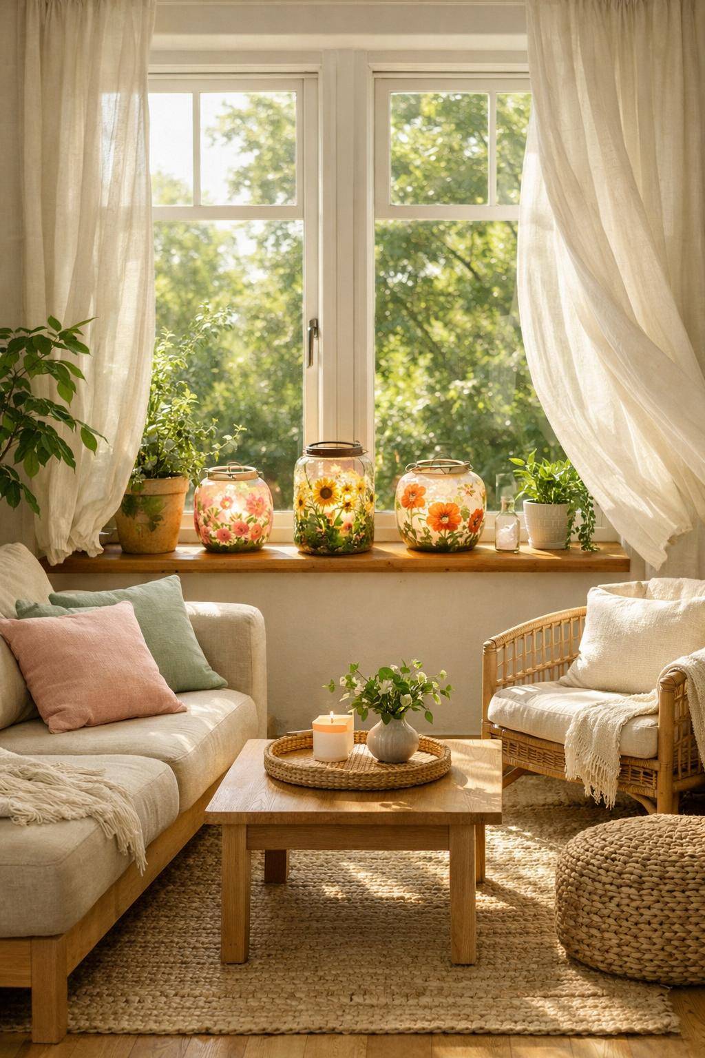 Wohnzimmer sommerlich dekorieren- Schmücke selbst gebastelte Windlichter auf dem Fensterbrett