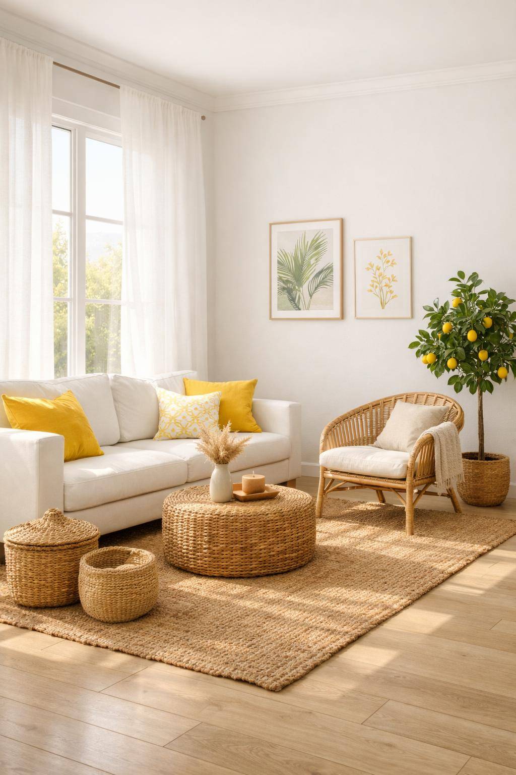 Wohnzimmer sommerlich dekorieren- Stelle einen kleinen Indoor-Zitronenbaum in die Ecke