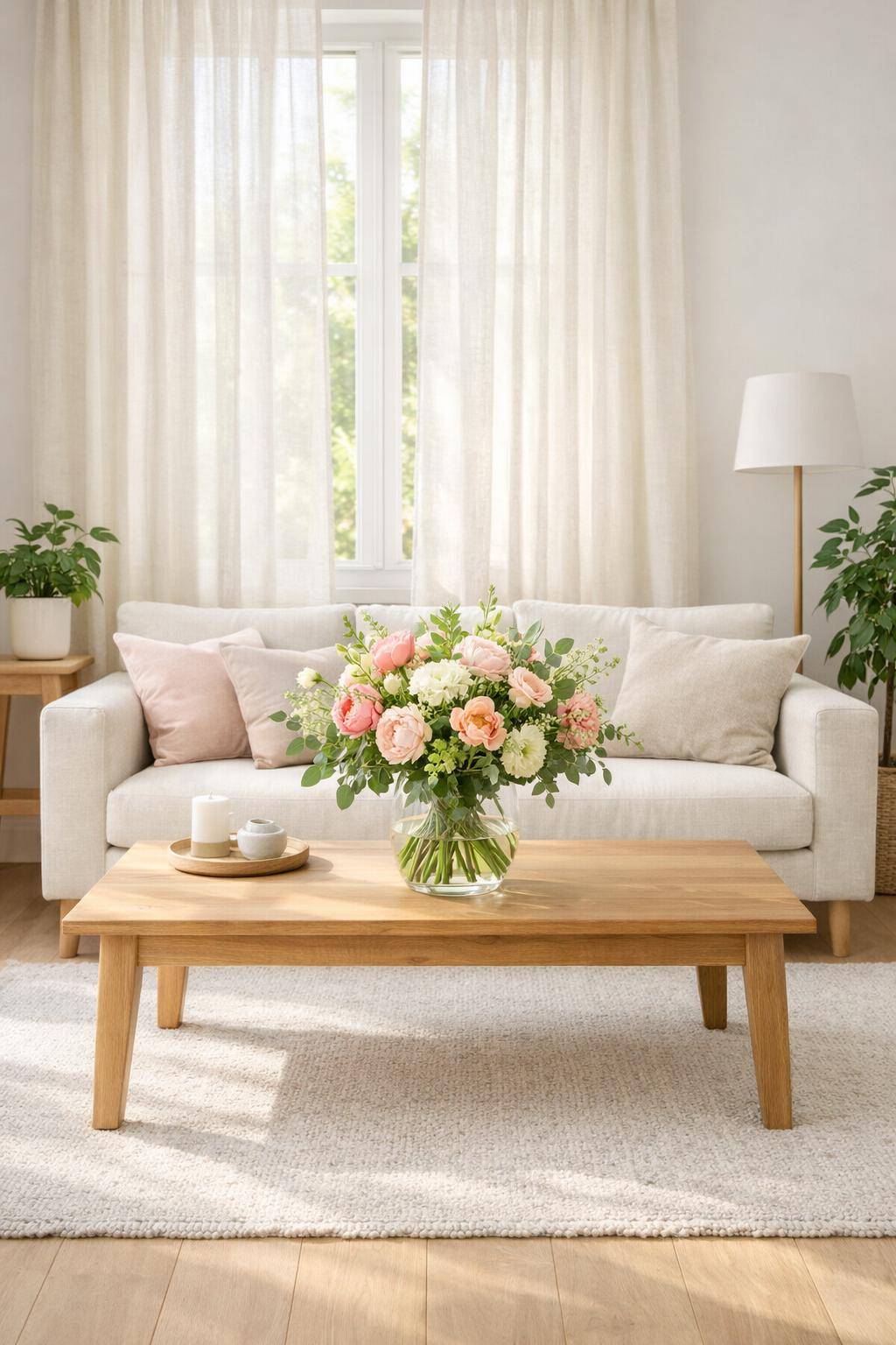 Wohnzimmer sommerlich dekorieren- Stelle frische Blumensträuße auf den Tisch
