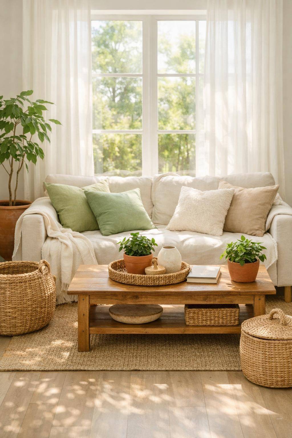 Wohnzimmer sommerlich dekorieren- Verwende Naturstoffe wie Leinen und Baumwolle bei Textilien