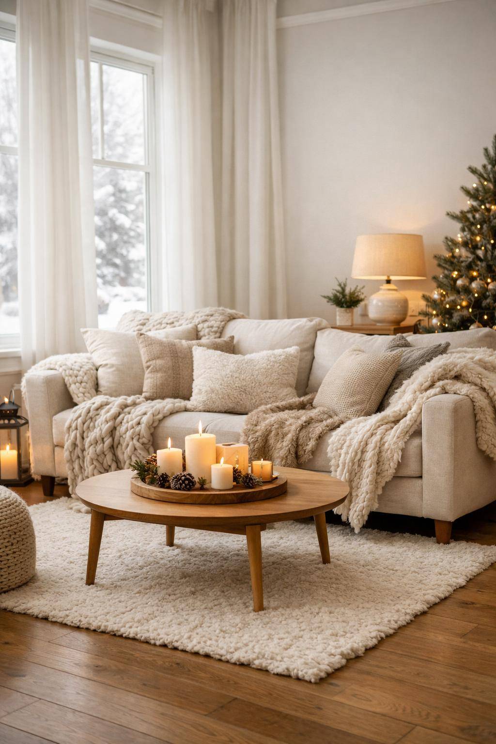 Wohnzimmer winterlich dekorieren-Arrangiere kuschelige Strickdecken auf dem Sofa