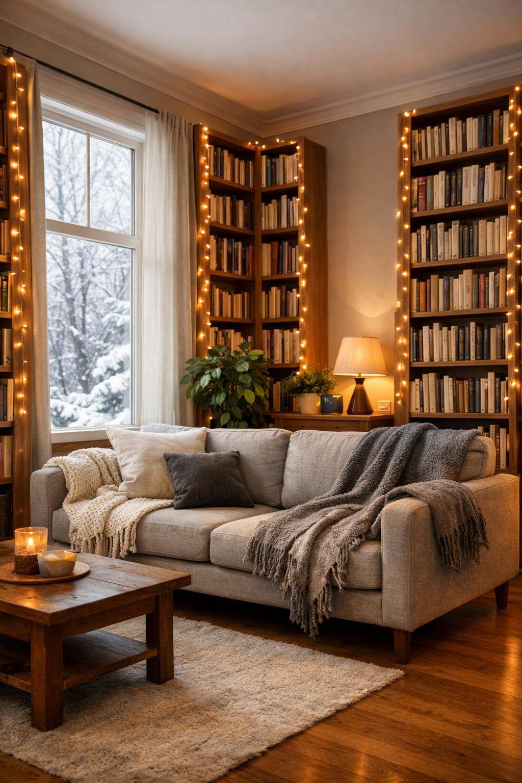 Wohnzimmer winterlich dekorieren- Hänge Lichterketten entlang der Bücherregale