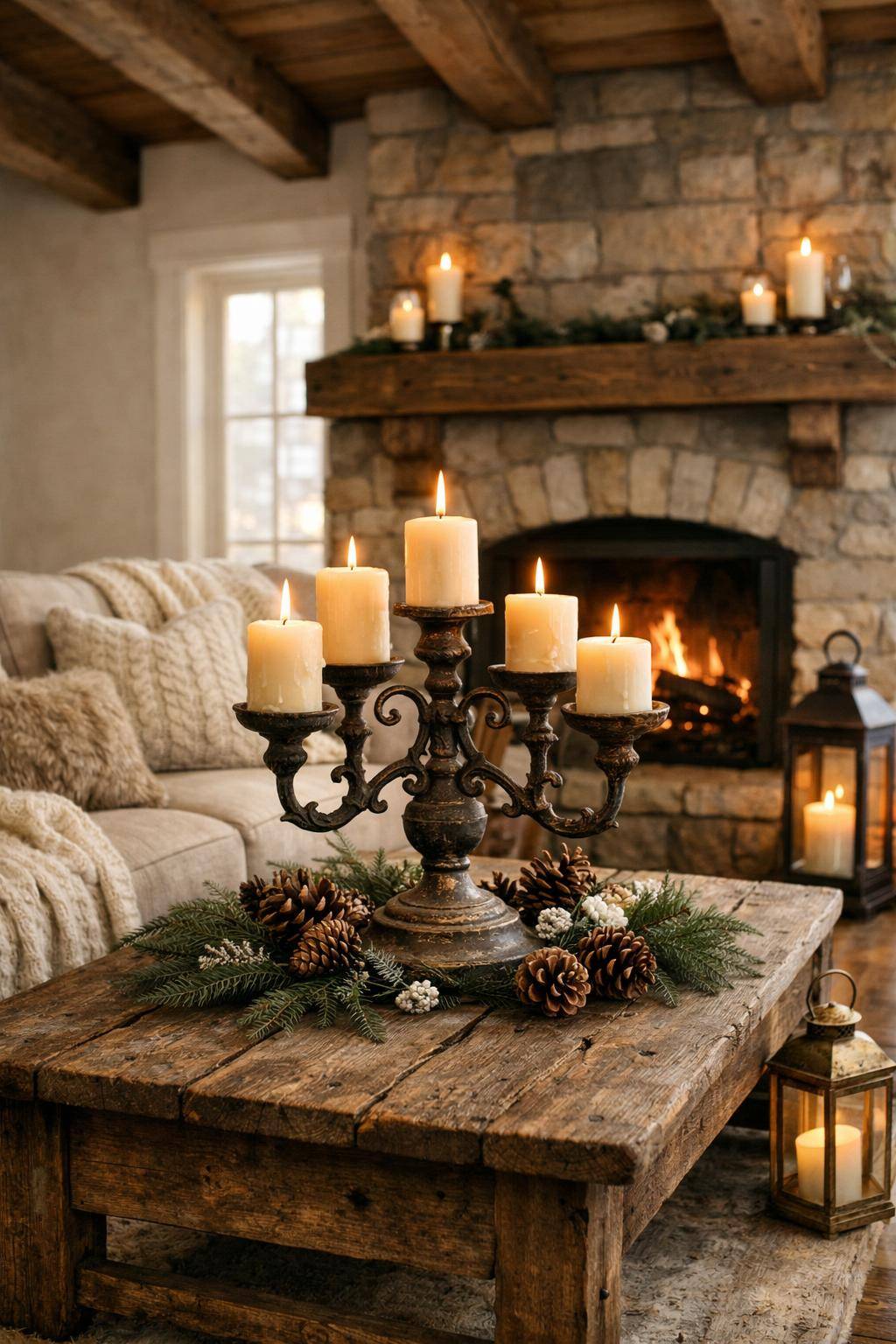Wohnzimmer winterlich dekorieren- Integriere einen großen, rustikalen Kerzenleuchter