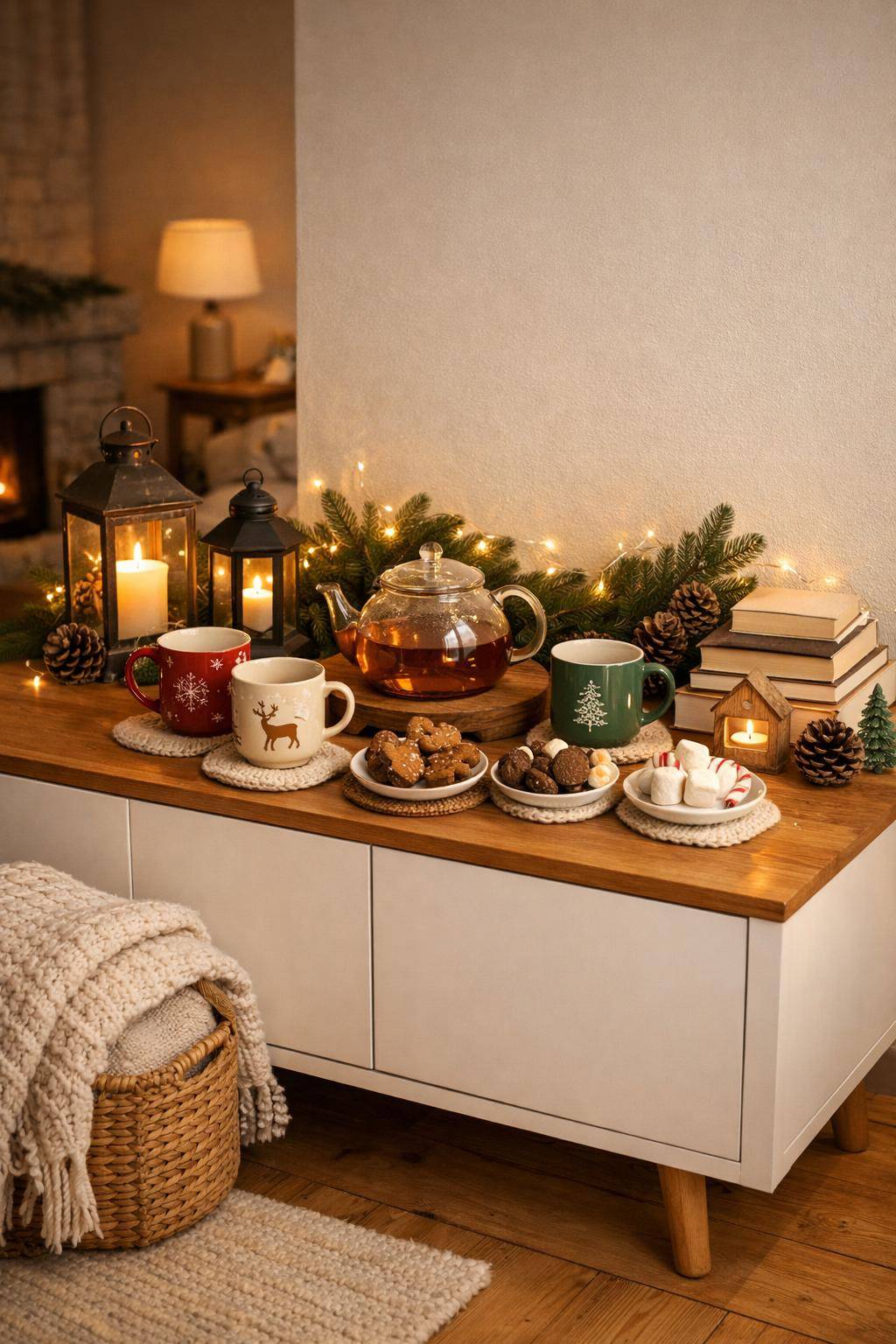Wohnzimmer winterlich dekorieren- Kreiere eine Heißgetränk-Ecke auf dem Sideboard