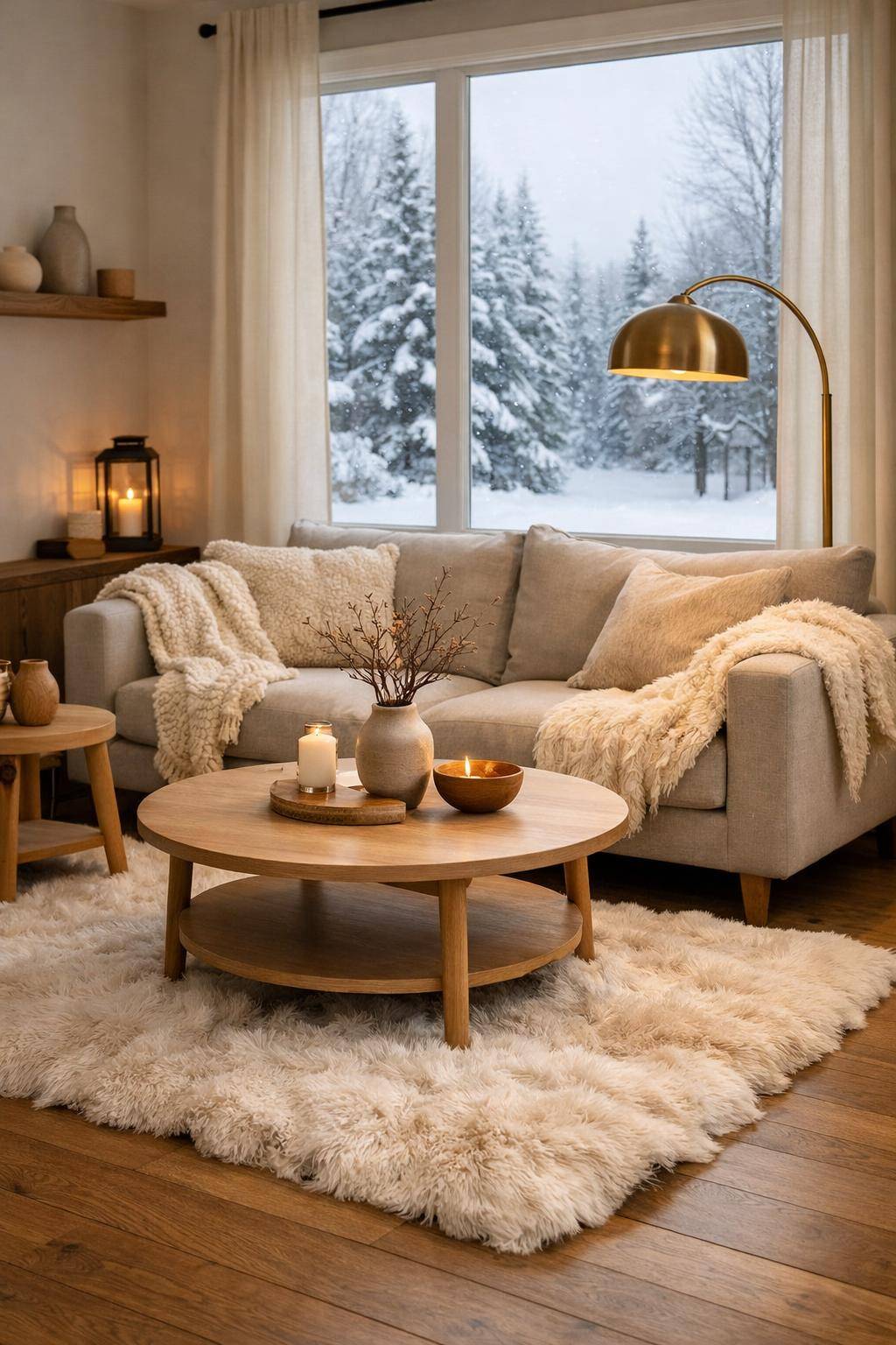 Wohnzimmer winterlich dekorieren- Platziere Kunstfell-Teppiche unter dem Couchtisch