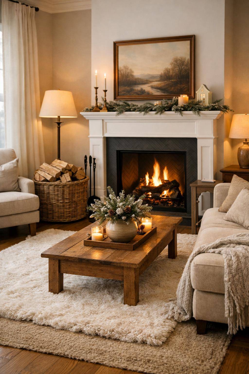 Wohnzimmer winterlich dekorieren- Präsentiere Holzscheite in einem dekorativen Korb