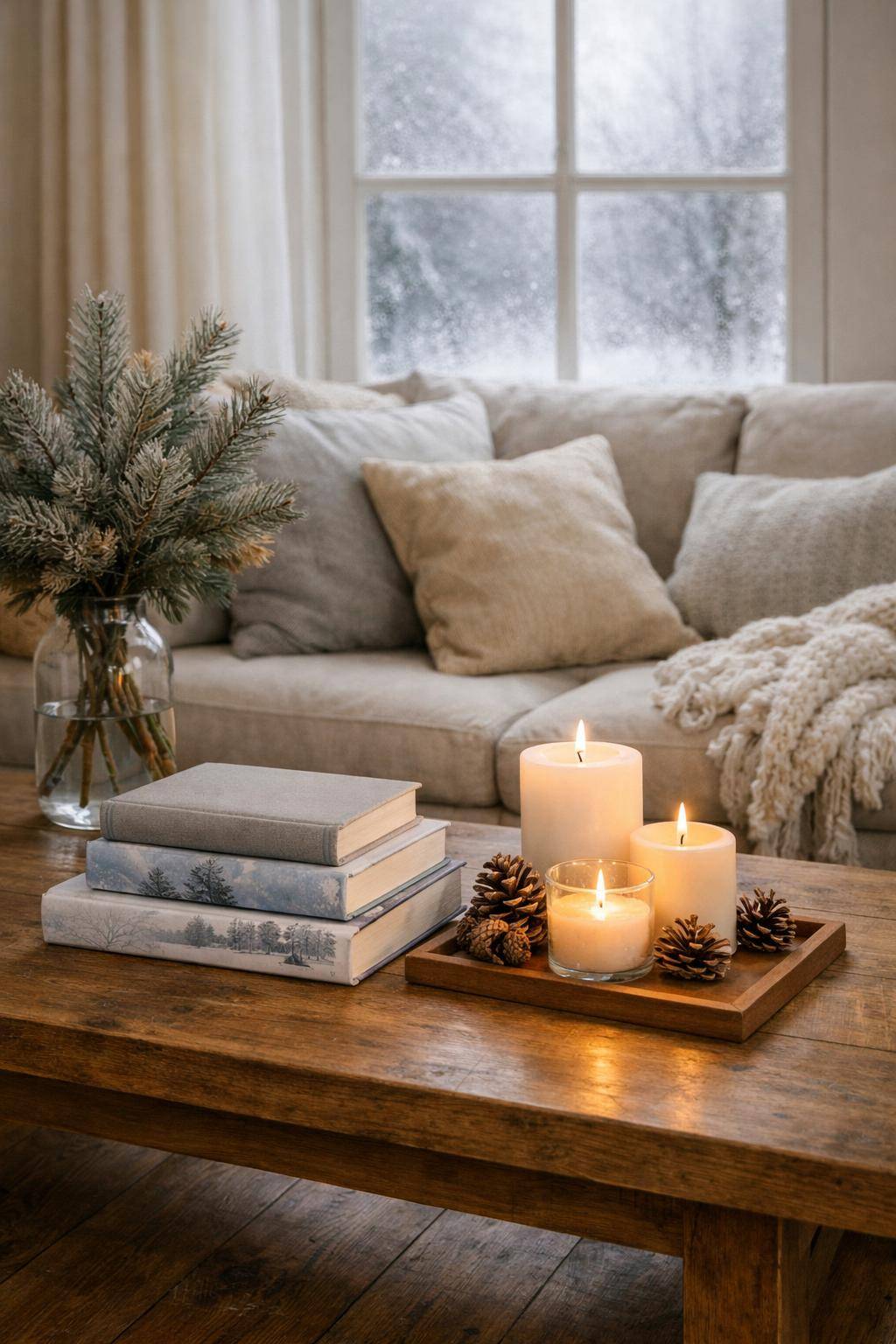 Wohnzimmer winterlich dekorieren- Präsentiere Winterbücher dekorativ auf dem Couchtisch