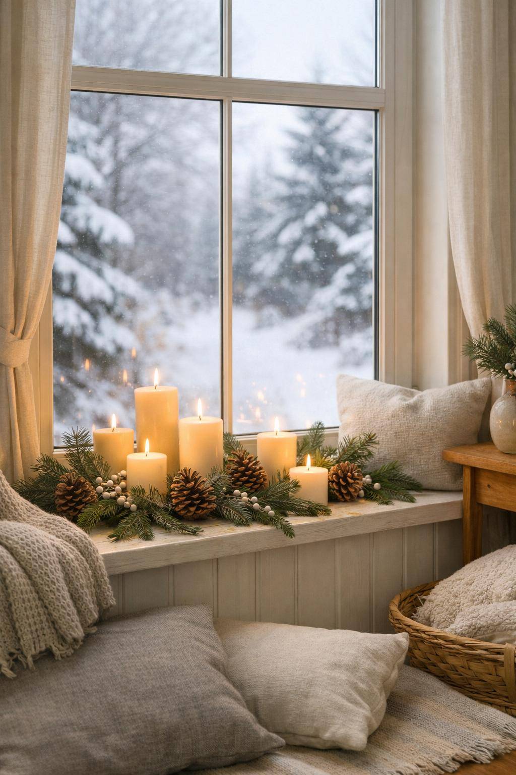 Wohnzimmer winterlich dekorieren- Schmücke Fensterbänke mit Tannenzapfen und Kerzen