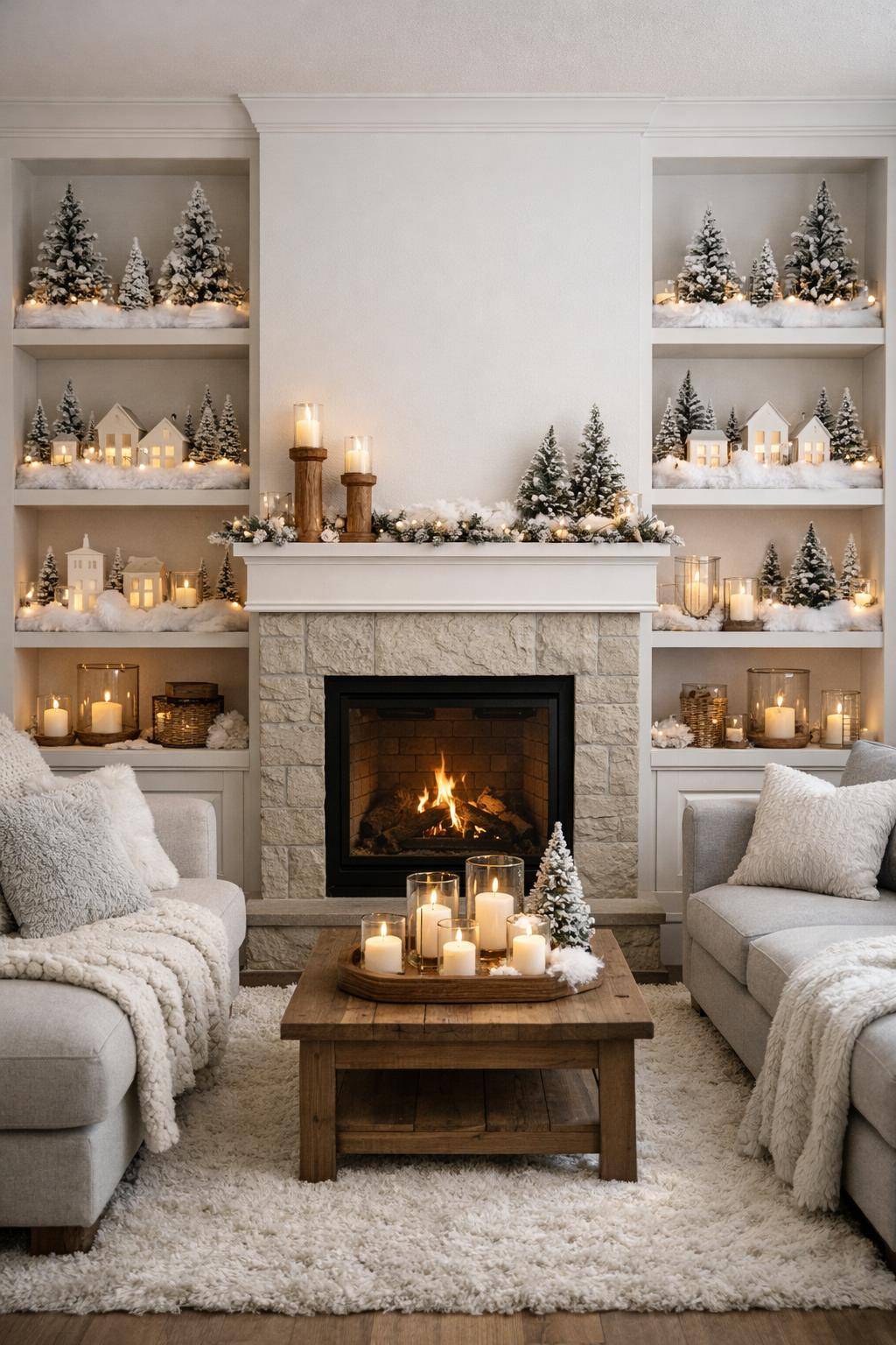 Wohnzimmer winterlich dekorieren- Schmücke Regale mit Miniatur-Winterlandschaften