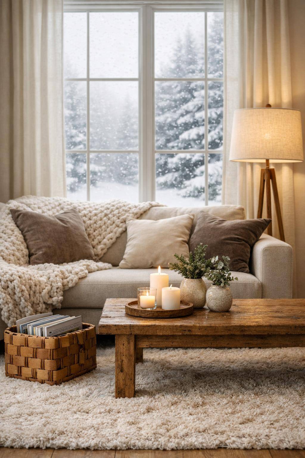 Wohnzimmer winterlich dekorieren- Stapele Magazine in einer geflochtenen Holzkiste