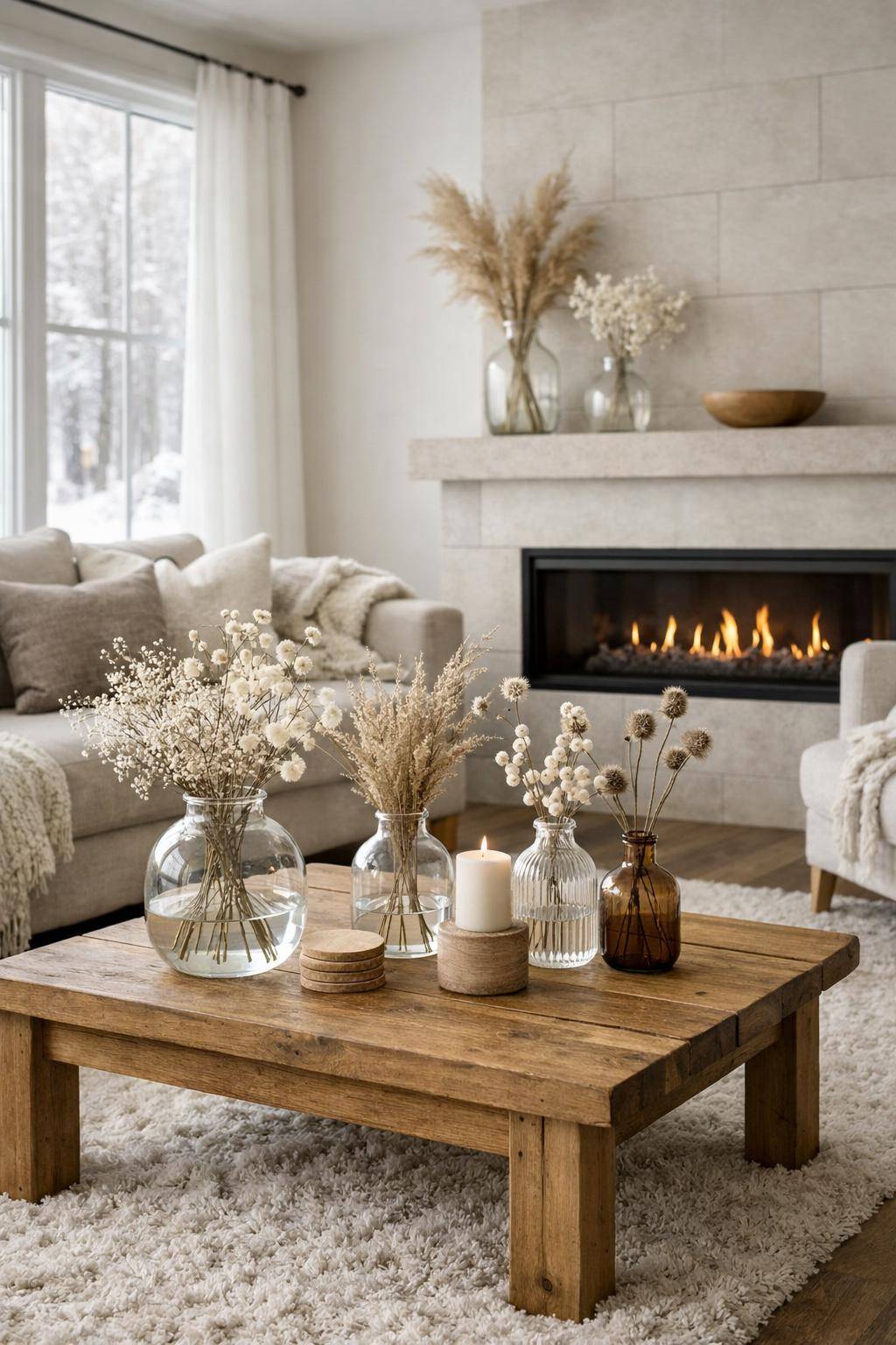 Wohnzimmer winterlich dekorieren- Verteile winterliche Trockenblumen in Glasvasen