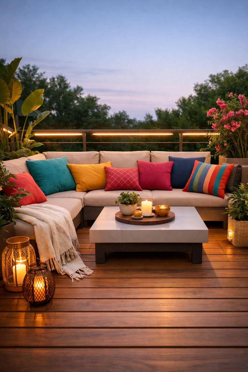 Balkon dekorieren: Ideen und Inspiration- Arrangiere bunte Outdoor-Kissen für Farbakzente