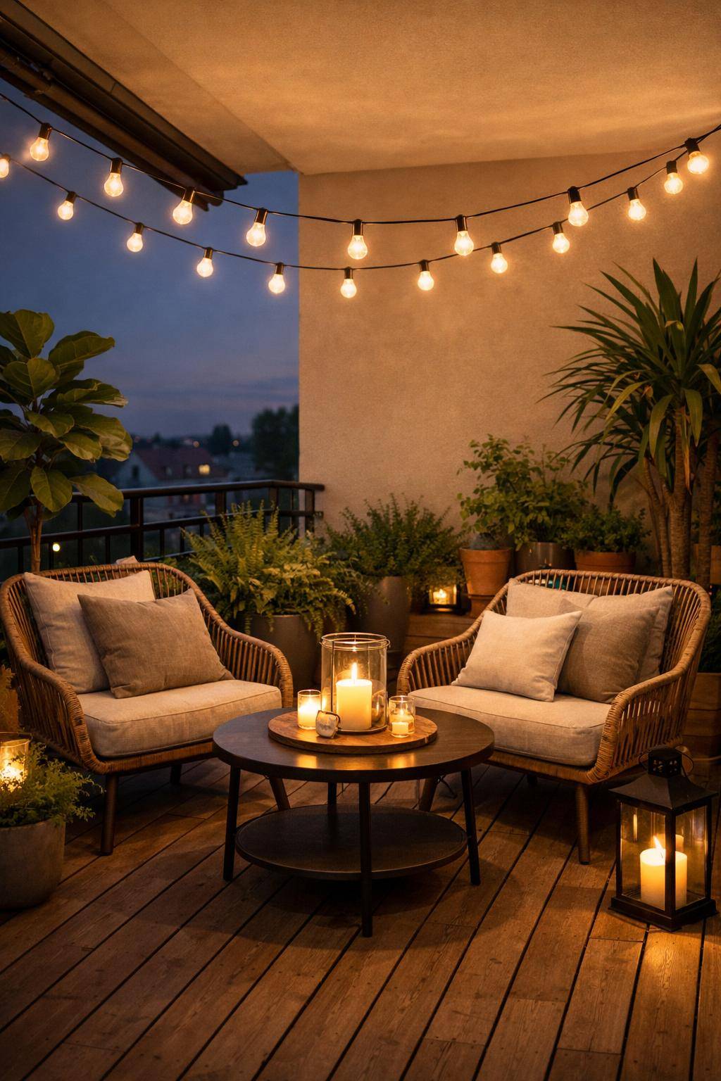 Balkon dekorieren: Ideen und Inspiration- Hänge Lichterketten für abendliche Gemütlichkeit auf