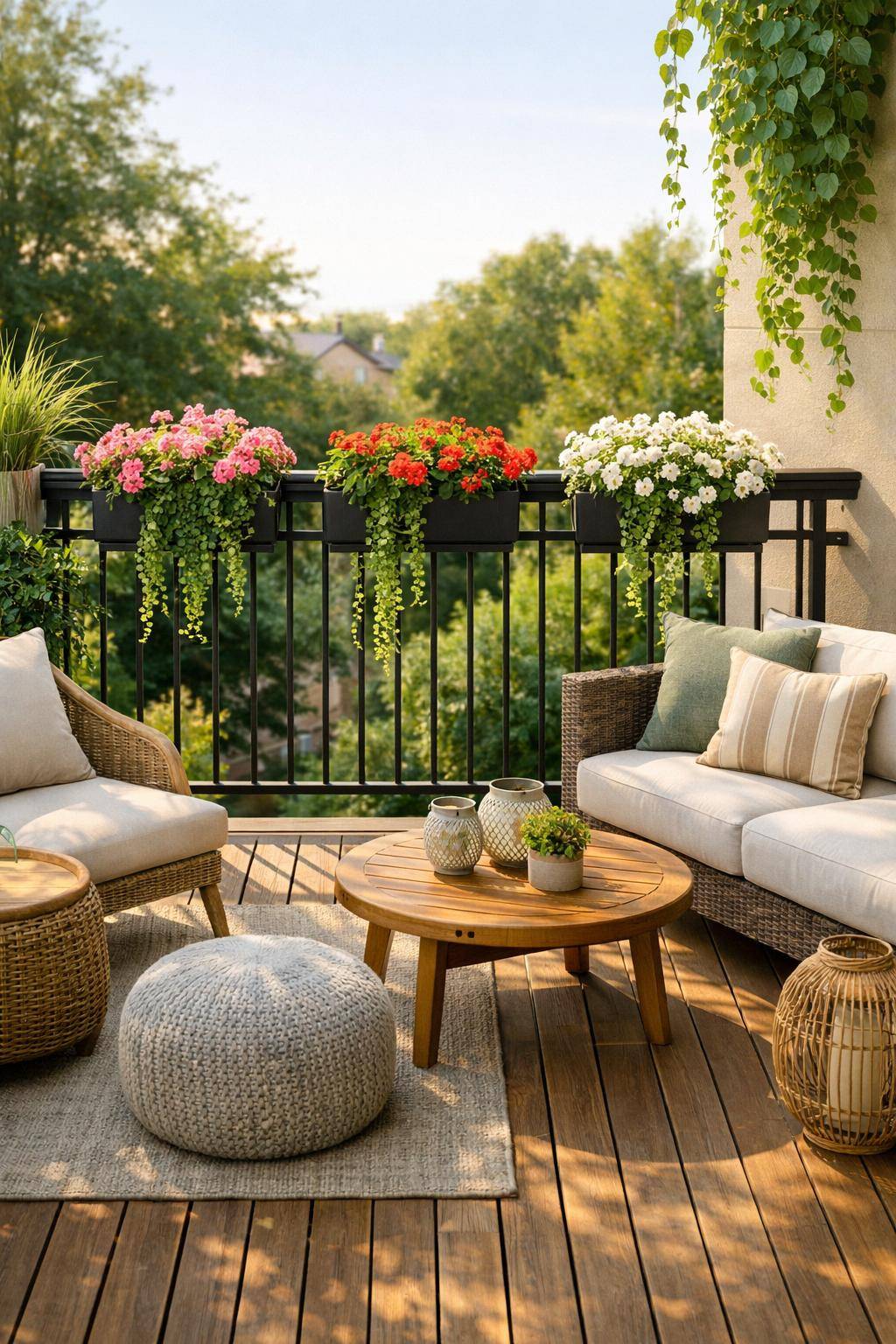 Balkon dekorieren: Ideen und Inspiration- Schmücke Geländer mit Blumenkästen und Rankpflanzen
