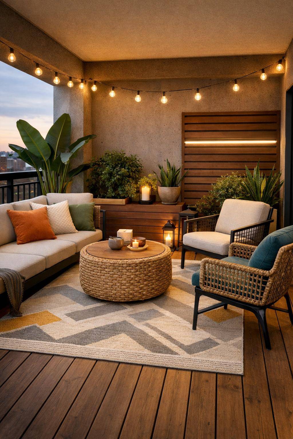 Balkon dekorieren: Ideen und Inspiration- Wähle wetterfeste Teppiche für kuschelige Füße