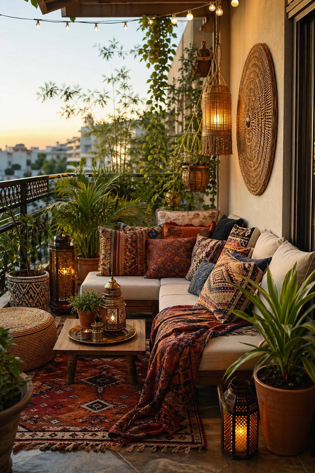 Boho-Balkon gestalten-Setze auf bunte Kissen und Textilien