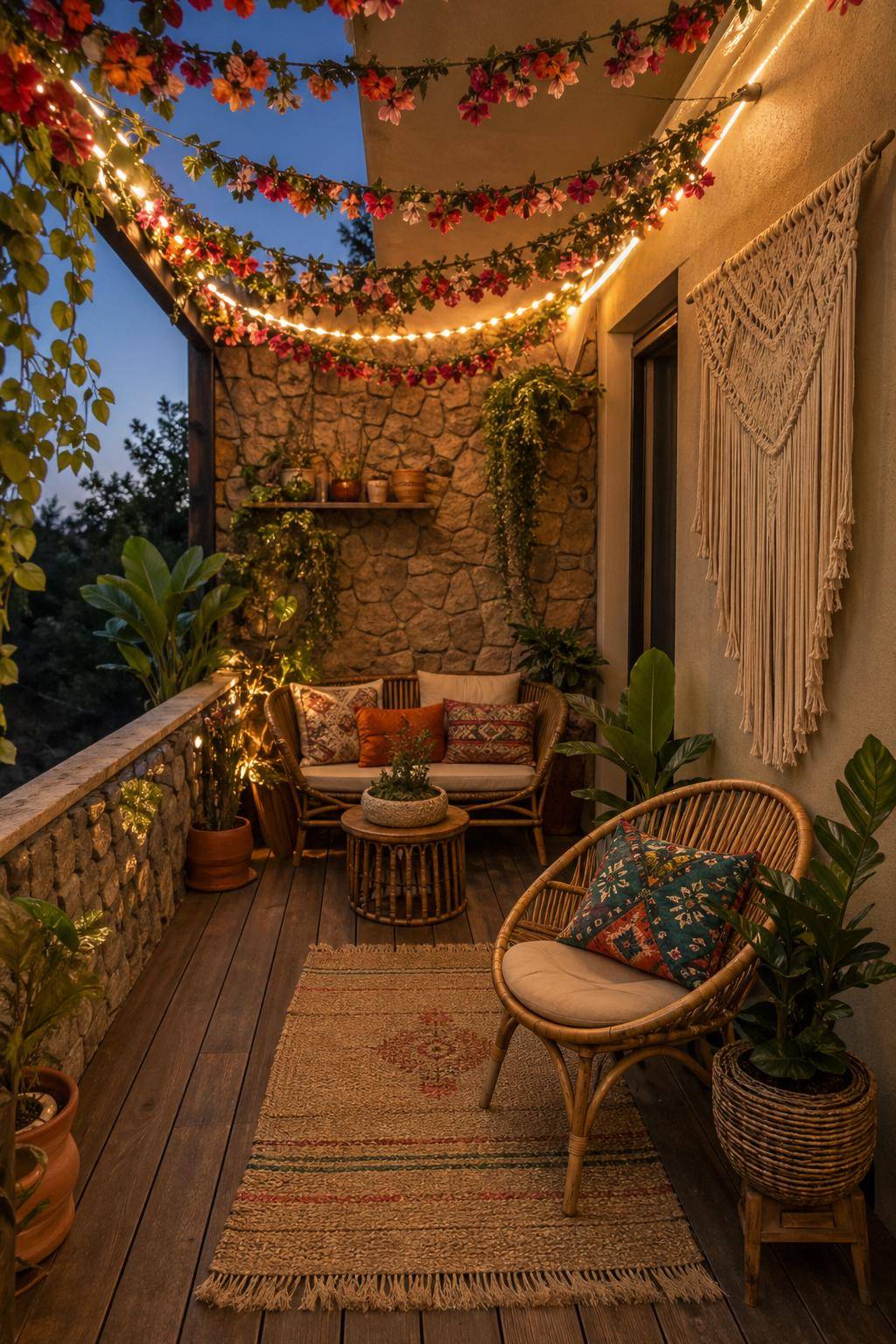 Boho-Balkon gestalten- Hänge Blumengirlanden quer über den Balkon