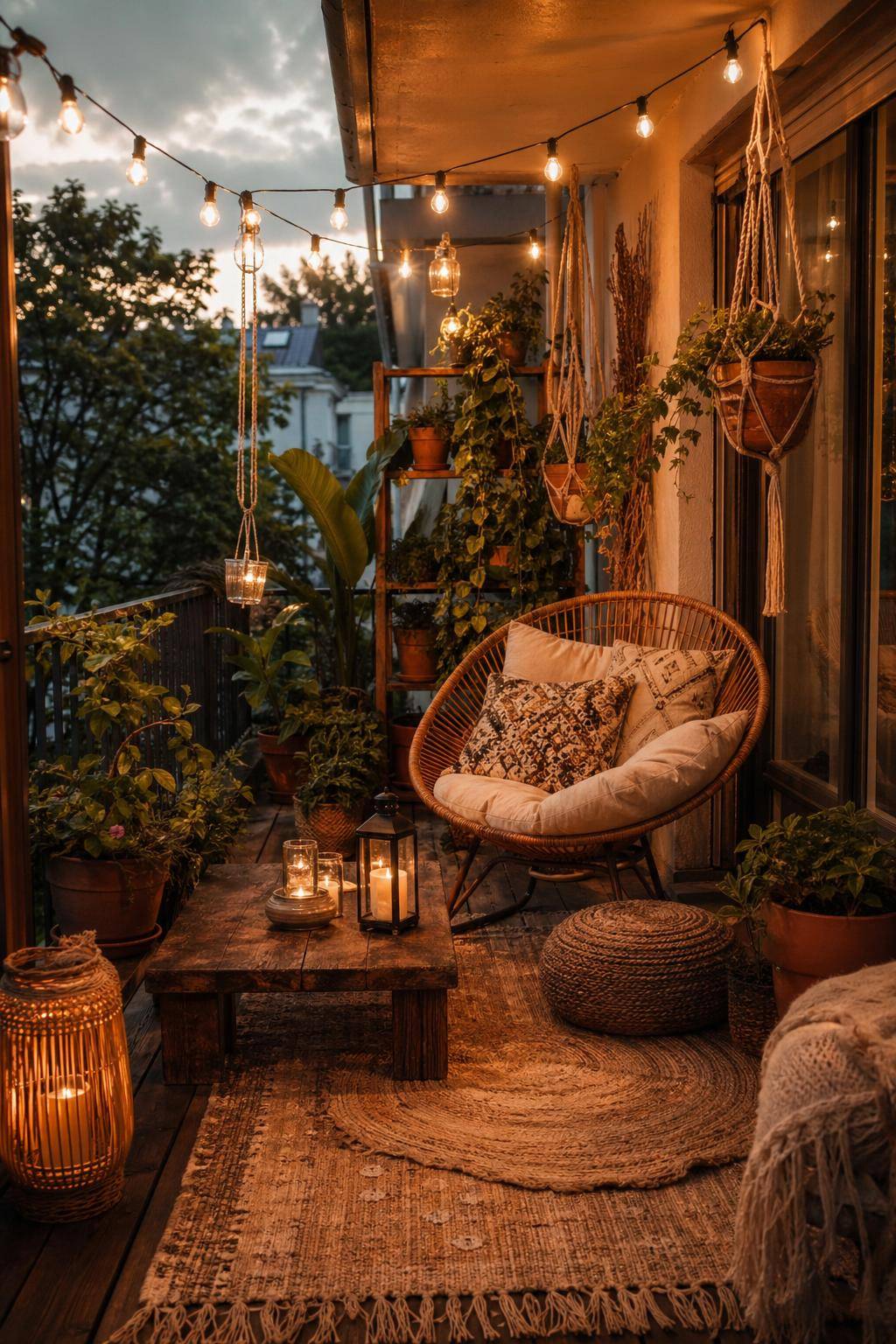 Boho-Balkon gestalten- Hänge Lichterketten für gemütliche Abende auf