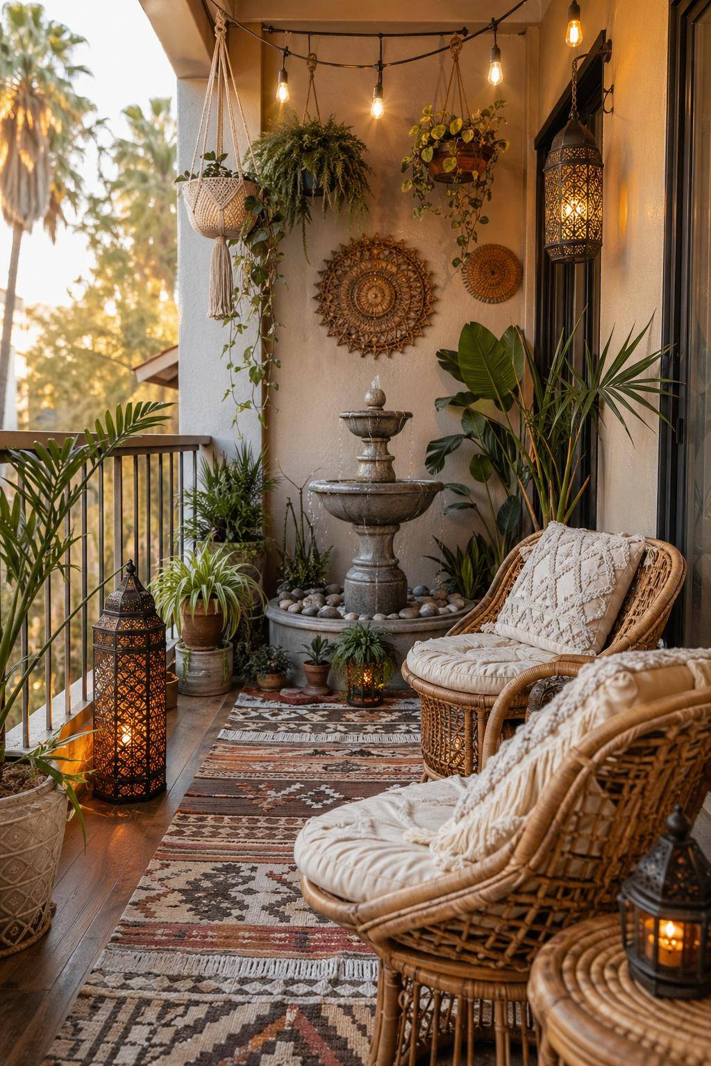 Boho-Balkon gestalten- Installiere einen kleinen Zimmerbrunnen
