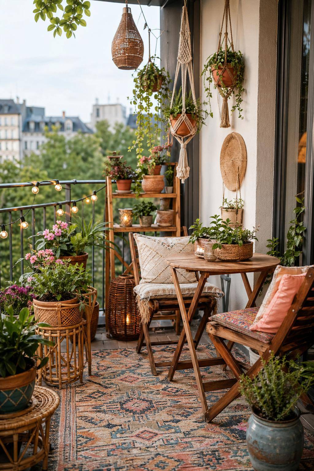 Boho-Balkon gestalten- Integriere Pflanzen in bunten Töpfen